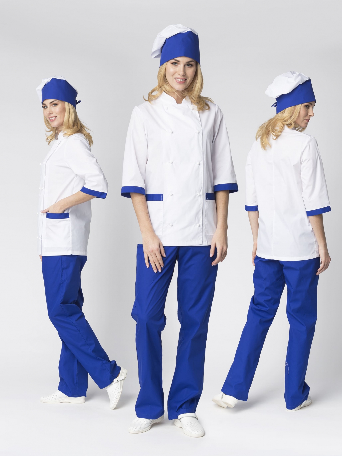 Костюм женский повара Гастроном (тк.ТиСи), белый/васильковый