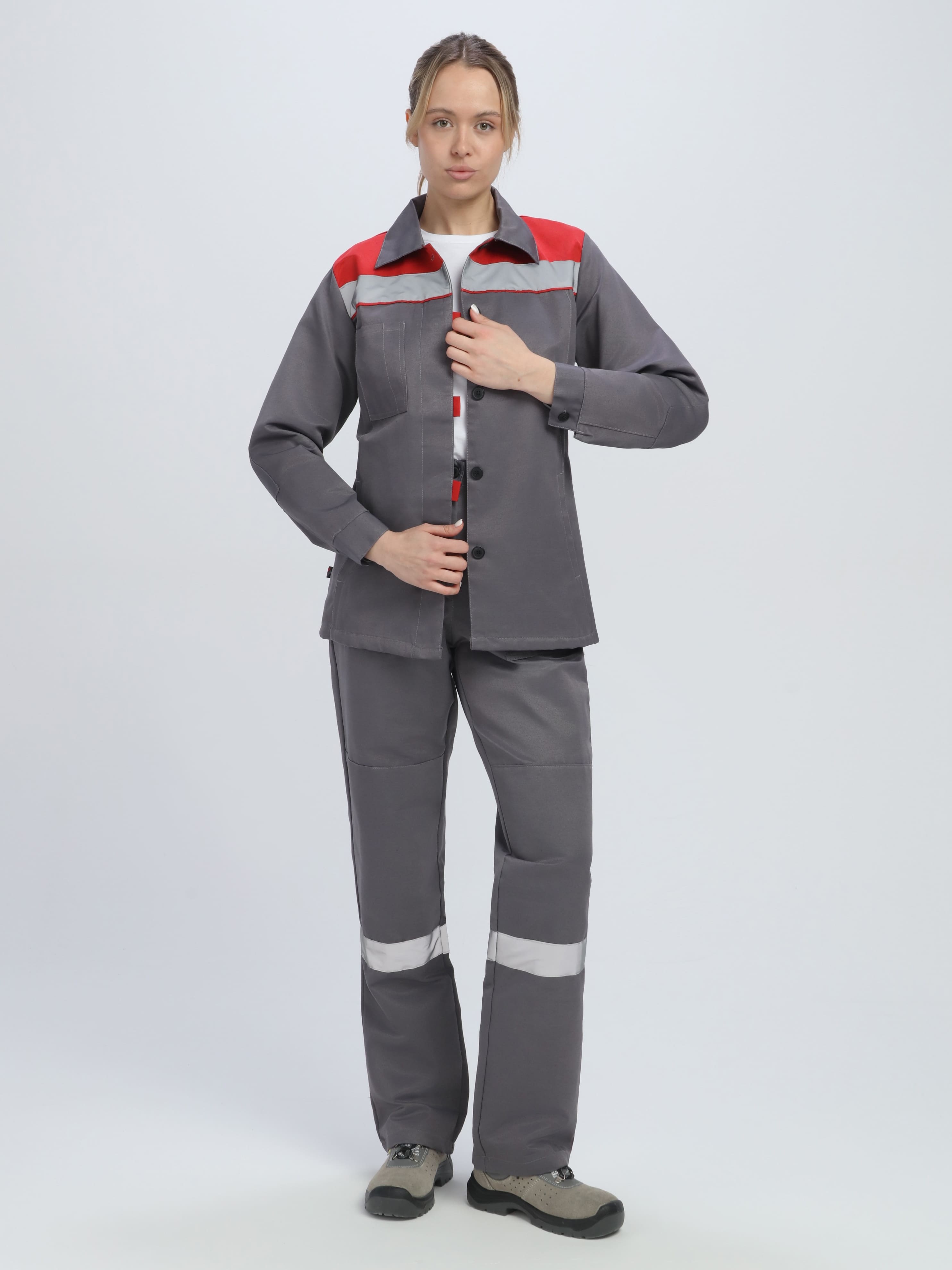 Костюм женский Весна-1 СОП NEW (тк.Смесовая,210) брюки, т.серый/красный