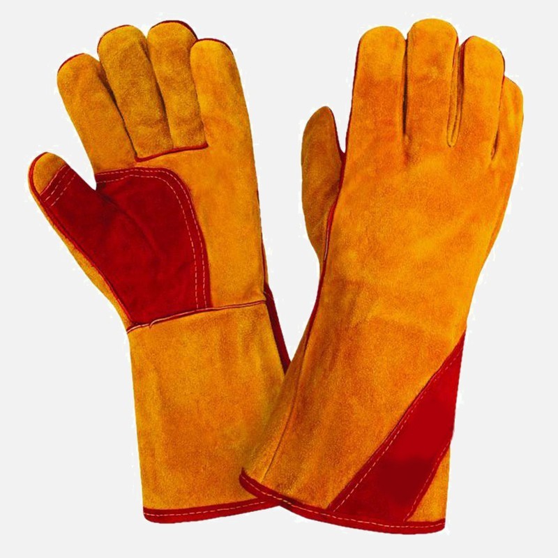 Краги спилковые утепл.(иск.мех) желтые с красным усилением нить Кевлар (тип СИБИРЬ)