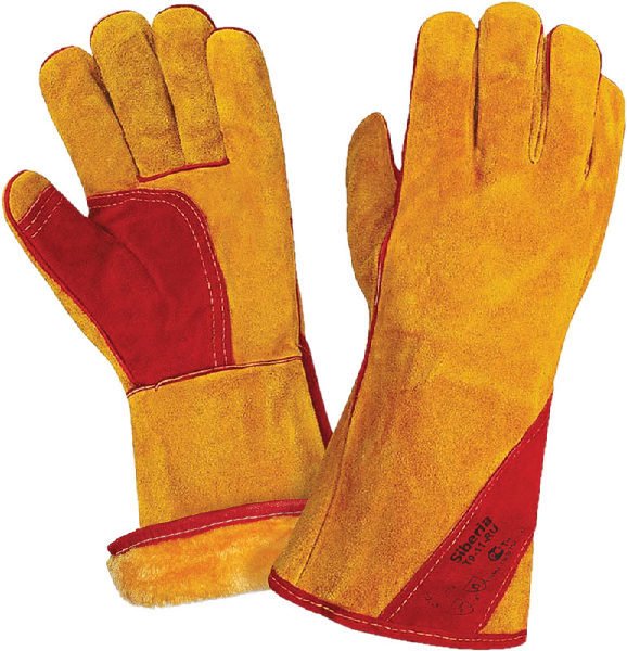 Краги спилковые утепл.(иск.мех) желтые с красным усилением нить Кевлар (тип СИБИРЬ)